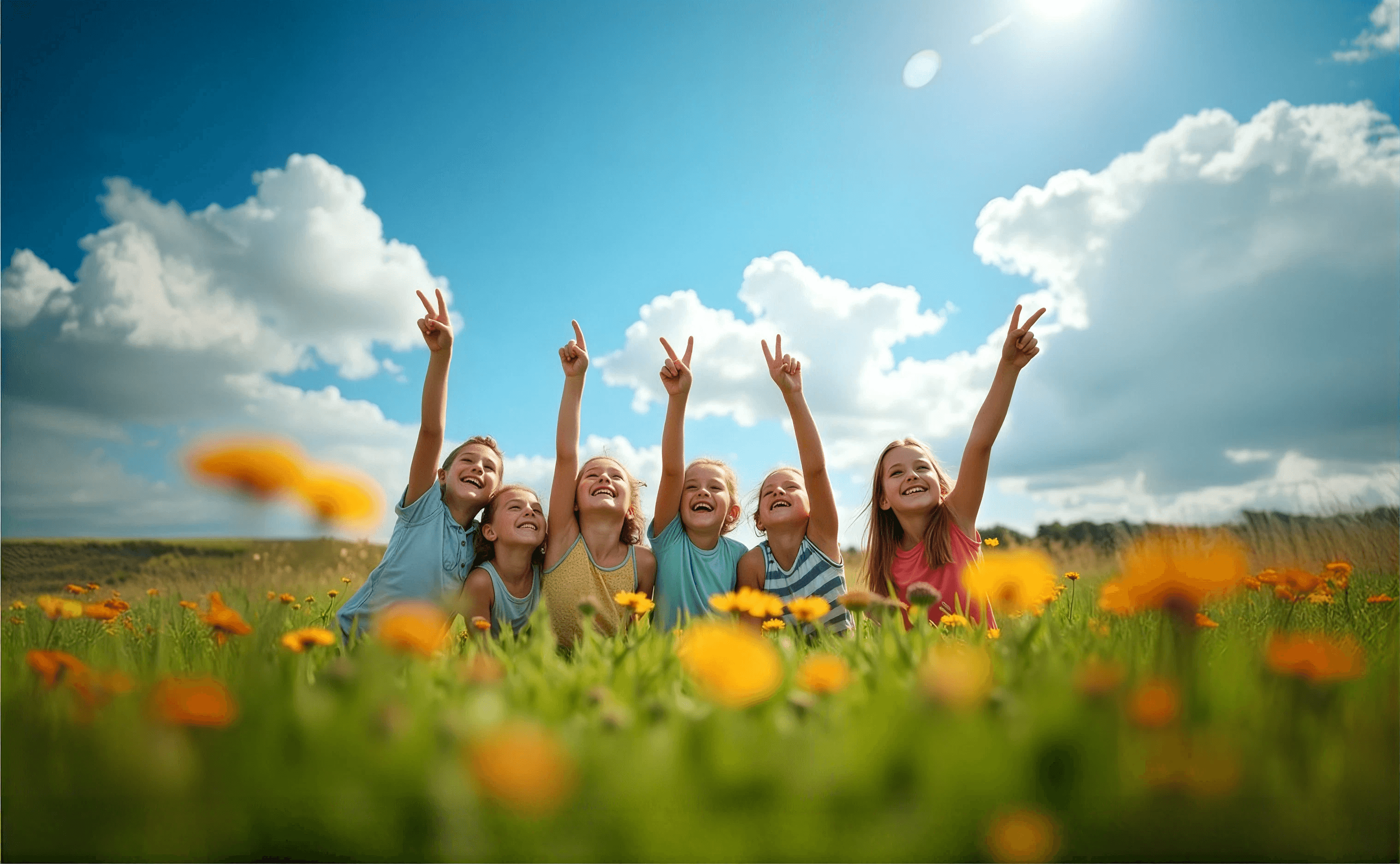 Children celebrating in a sunny flower field